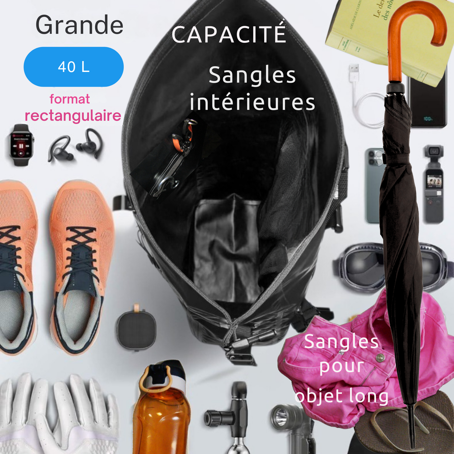 Sac à dos Étanche , Réglable de 20 à40 L – Bleu IPX6 – Mer, bateau, voile, rando