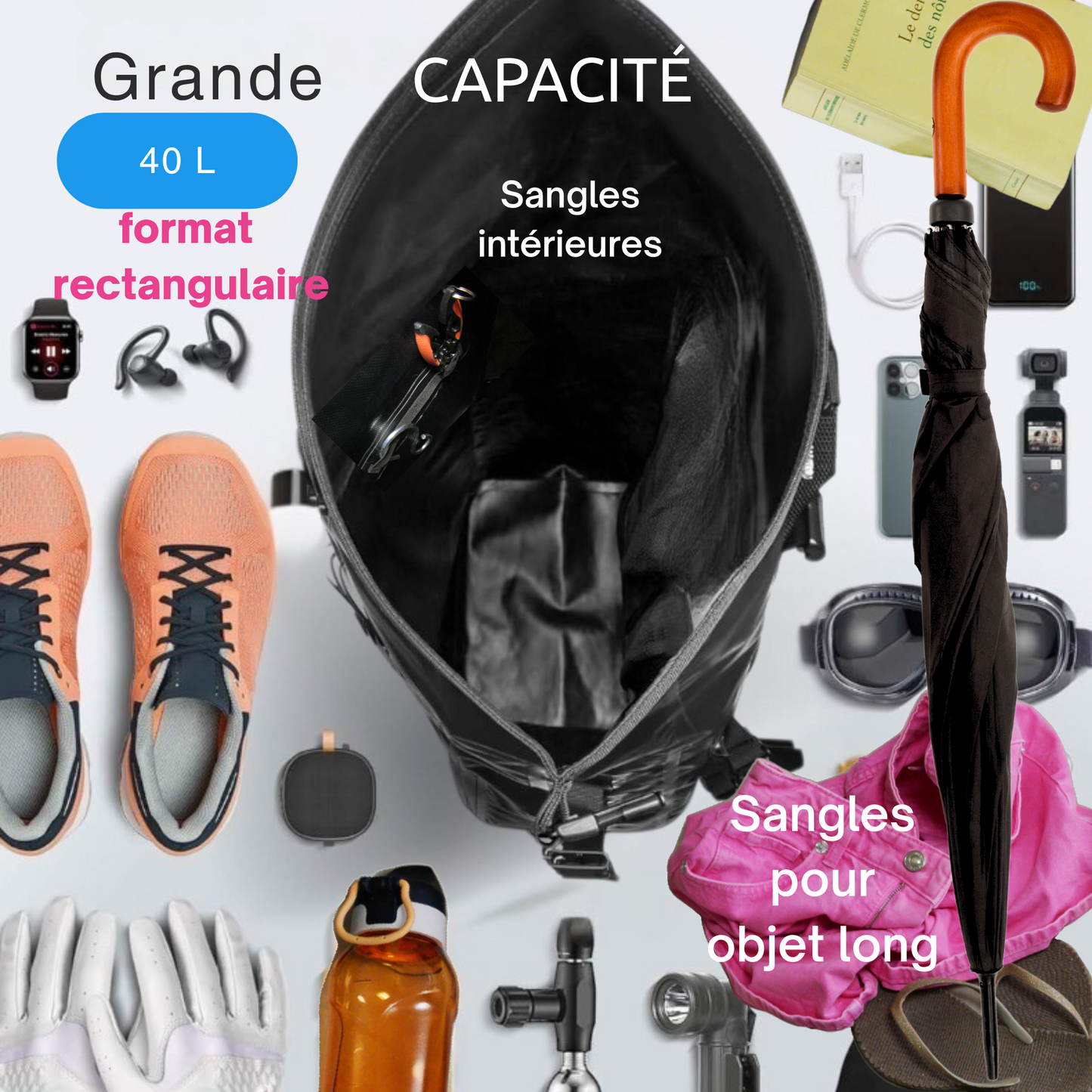 PACK SAC IPX6 Full Black + Ecusson Régional+ Pochette Télphone IPX8 étanche+ 2 Sandows