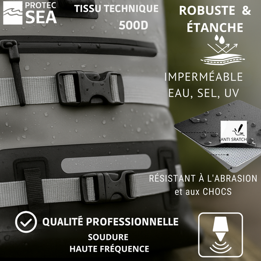 Sac à dos étanche Protec Sea – Gris, réglable 20 à 40 L – Rando, montagne, trek, camping