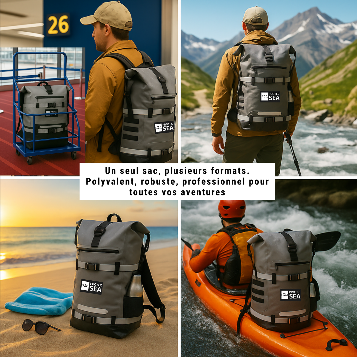 Sac à dos étanche Protec Sea – Gris, réglable 20 à 40 L – Rando, montagne, trek, camping