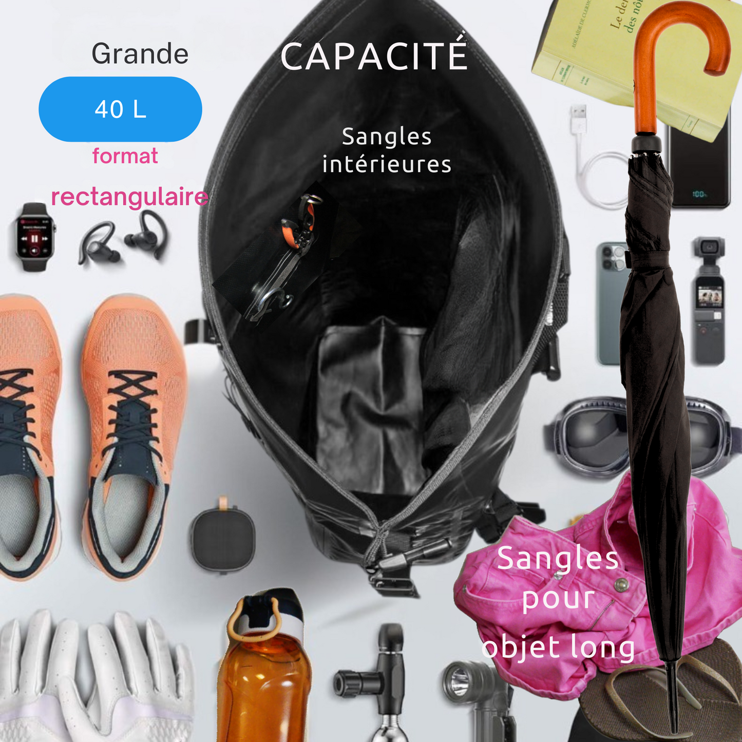 Sac étanche orange IPX6 – Modulable de 20L à 40L, réglable H/L – Kayak, paddle, plongée, chasse