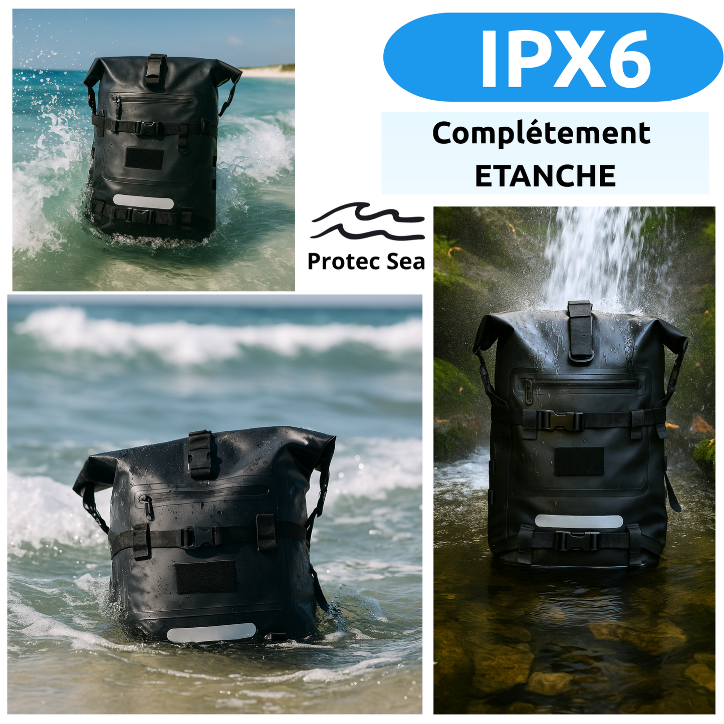 SAC IPX6 Full Black + Ecusson Régional+ Pochette Télphone IPX8 étanche+ 2 Sandows
