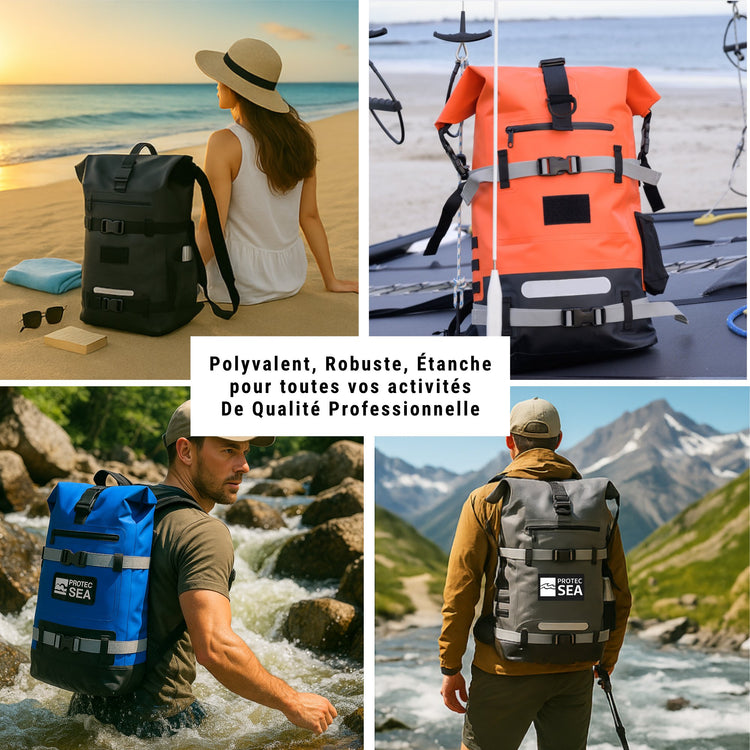 Sac étanche IPX6, compressible  Cabine à 40L mer, paddle, pêche, moto, ville. Résistants, modulables et stylés, sac à dos poche téléphone. Idéal bateau, kayak, vélo, randonnée ou trajets urbains.