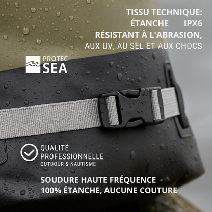 Sac étanche kaki IPX6 – Modulable de 20L à 40L, réglable H/L – Pêche, kayak, nautisme, chasse