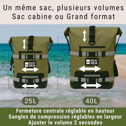 Sac étanche kaki IPX6 – Modulable de 20L à 40L, réglable H/L – Pêche, kayak, nautisme, chasse
