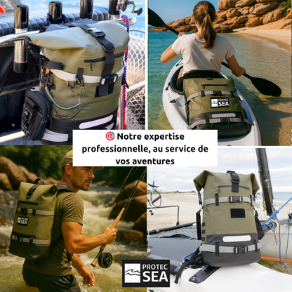 Sac étanche kaki IPX6 – Modulable de 20L à 40L, réglable H/L – Pêche, kayak, nautisme, chasse