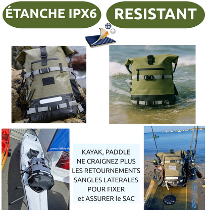 Sac étanche kaki IPX6 – Modulable de 20L à 40L, réglable H/L – Pêche, kayak, nautisme, chasse