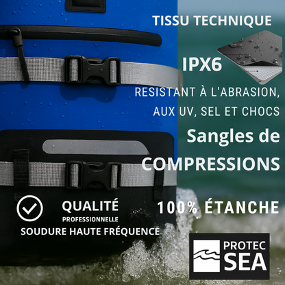 Sac Étanche Réglable 20–40 L – Bleu IPX6 – Mer, bateau, voile, rando