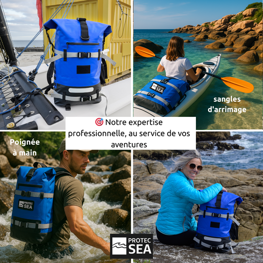 Sac Étanche Réglable 20–40 L – Bleu IPX6 – Mer, bateau, voile, rando