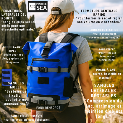 Sac Étanche Réglable 20–40 L – Bleu IPX6 – Mer, bateau, voile, rando