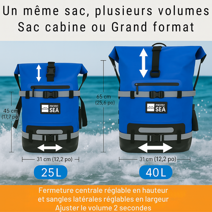 Sac Étanche Réglable 20–40 L – Bleu IPX6 – Mer, bateau, voile, rando