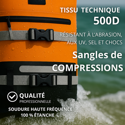 Sac étanche orange IPX6 – Modulable de 20L à 40L, réglable H/L – Kayak, paddle, plongée, chasse
