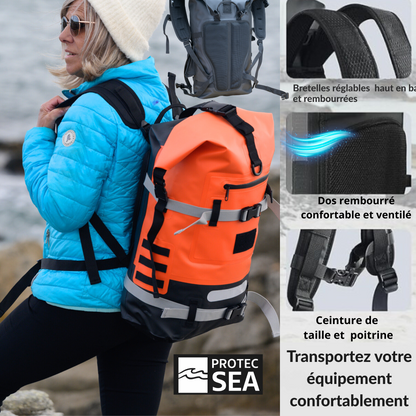 Sac étanche orange IPX6 – Modulable de 20L à 40L, réglable H/L – Kayak, paddle, plongée, chasse