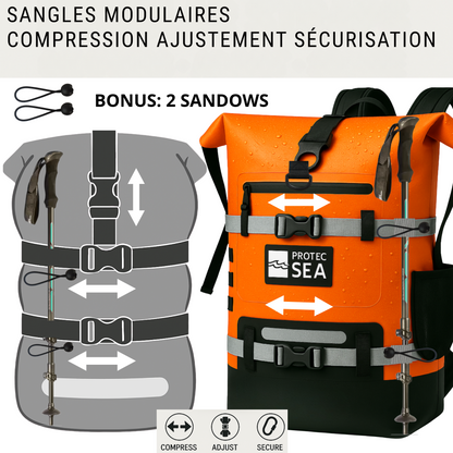 Sac étanche orange IPX6 – Modulable de 20L à 40L, réglable H/L – Kayak, paddle, plongée, chasse