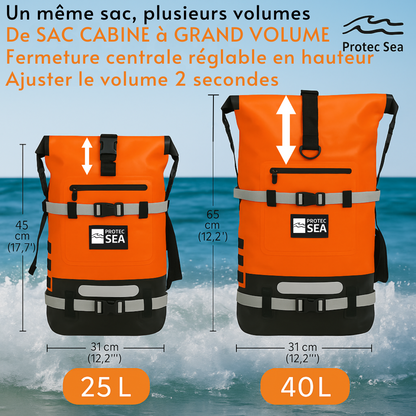 Sac étanche orange IPX6 – Modulable de 20L à 40L, réglable H/L – Kayak, paddle, plongée, chasse