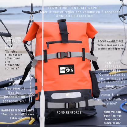 Sac étanche orange IPX6 – Modulable de 20L à 40L, réglable H/L – Kayak, paddle, plongée, chasse