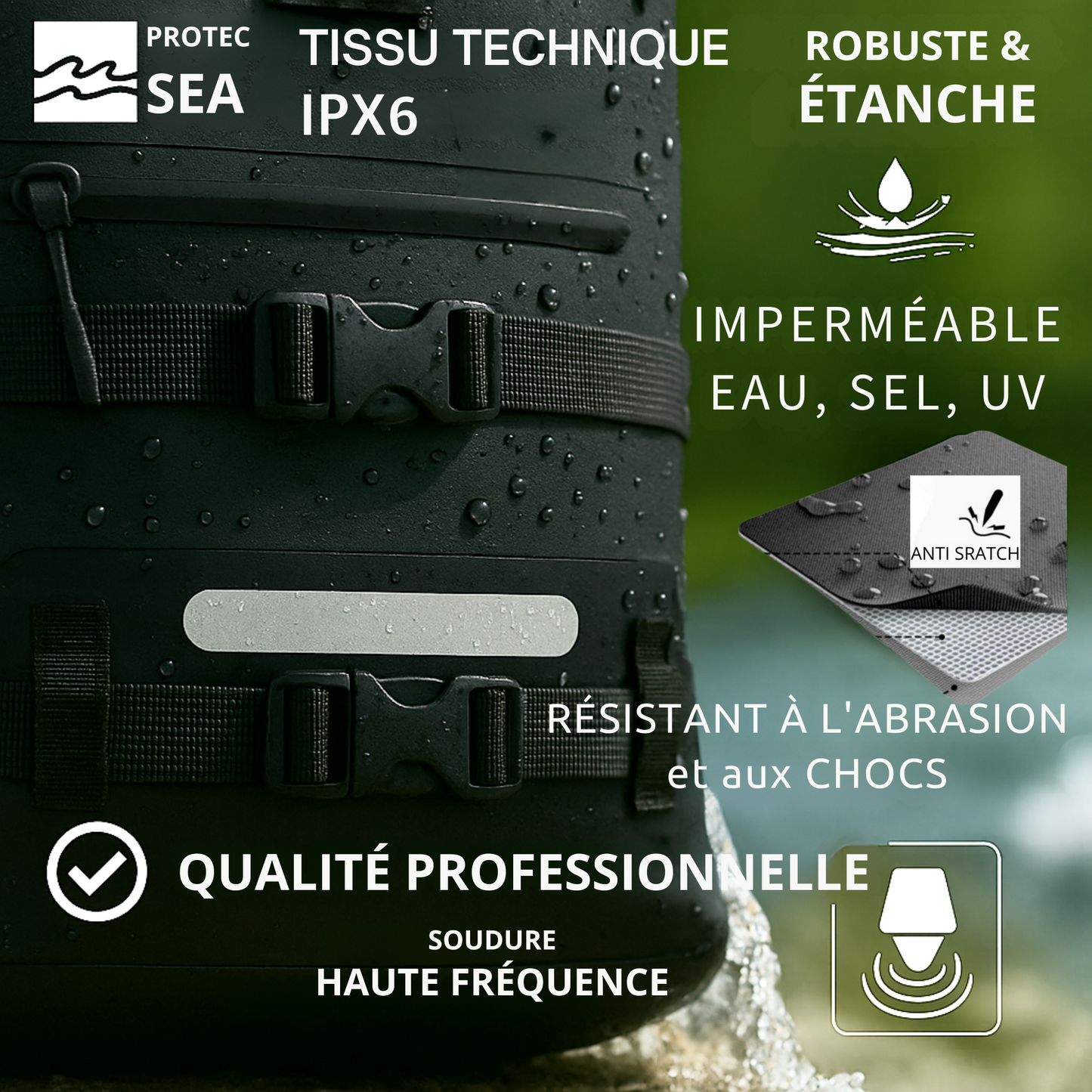 SAC A DOS ETANCHE IPX6-FULL BLACK ( NOIR) - SPORT / OUTDOOR/VELO/AU QUOTIDIEN