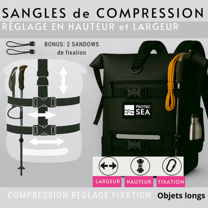 Sac à dos étanche IPX6 noir – Un seul sac réglable hauteur et largeur, modulable 20L à 40L – Cabine, randonnée, vélo, moto