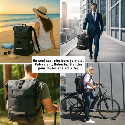 Sac à dos étanche IPX6 noir – Un seul sac réglable hauteur et largeur, modulable 20L à 40L – Cabine, randonnée, vélo, moto