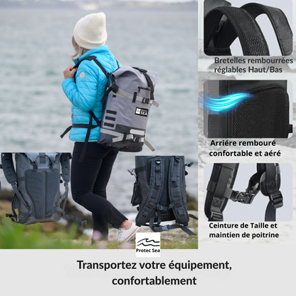 Sac à dos étanche Protec Sea – Gris, réglable 20 à 40 L – Rando, montagne, trek, camping