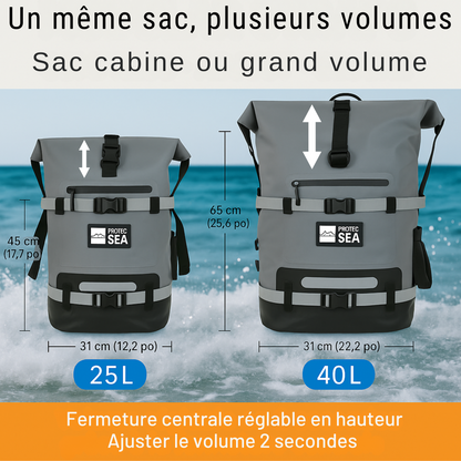 Sac à dos étanche Protec Sea – Gris, réglable 20 à 40 L – Rando, montagne, trek, camping