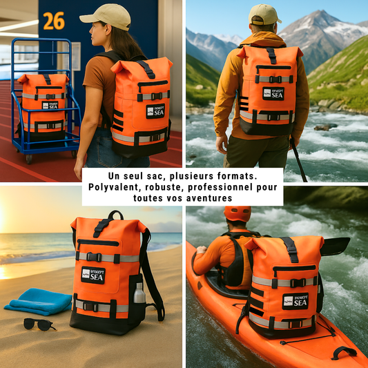 Sac étanche orange IPX6 – Modulable de 20L à 40L, réglable H/L – Kayak, paddle, plongée, chasse