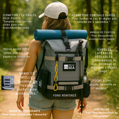 Sac à dos étanche Protec Sea – Gris, réglable 20 à 40 L – Rando, montagne, trek, camping