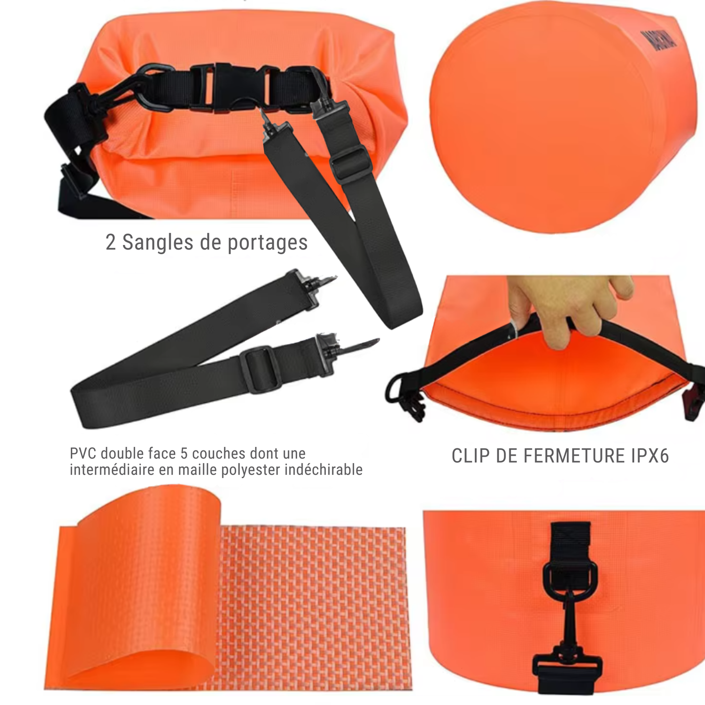 Sac étanche orange 20 L IPX6 –Sac Matelot / Grab Bag avec 2 sangles de portage