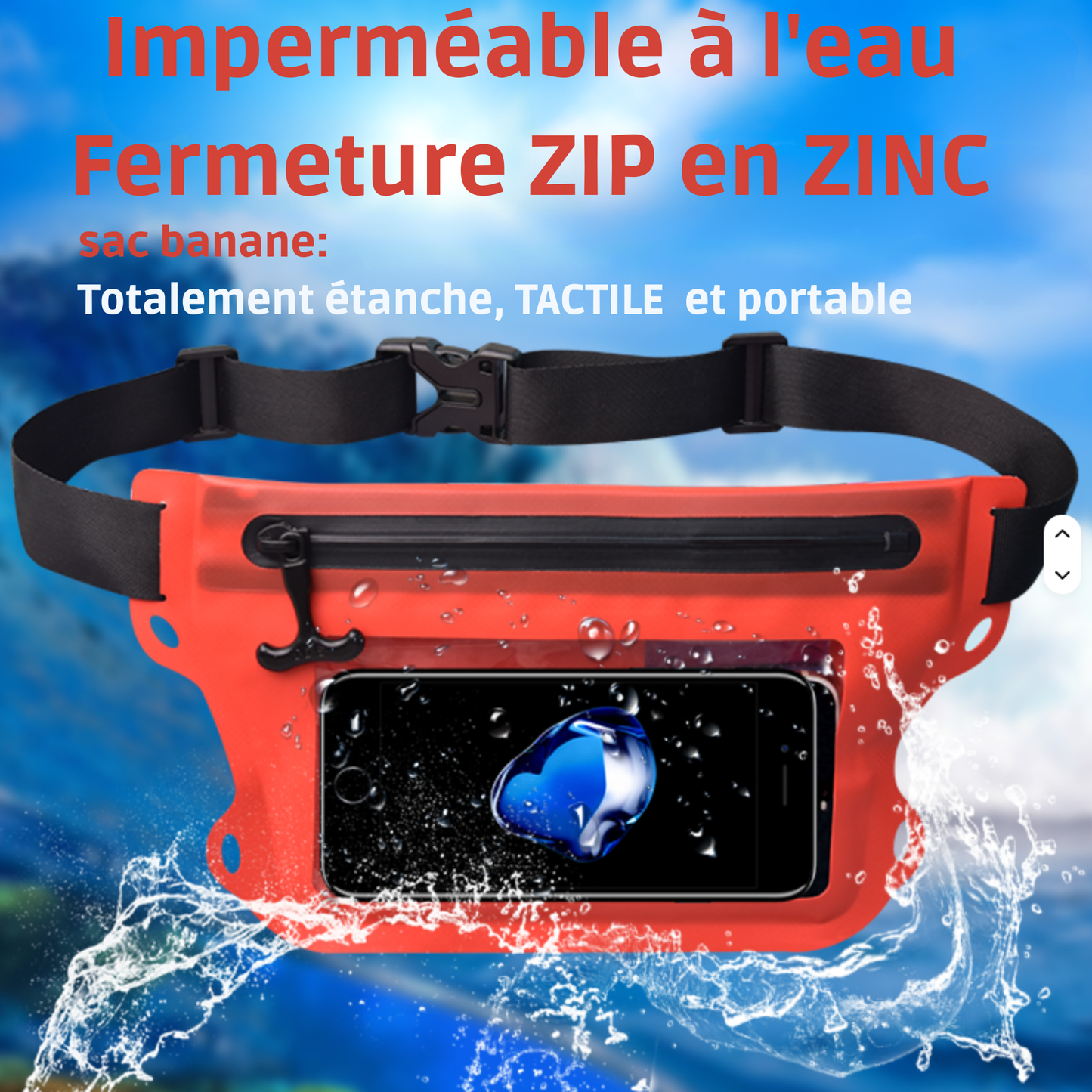 🌊 Pochette étanche IPX6 tactile orange – Zip en ZINC anti-corrosion 🔒 Téléphone & essentiels protégés