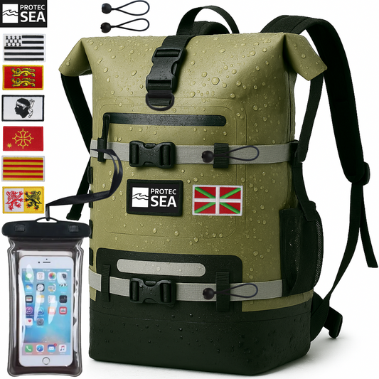 SAC ETANCHE IPX6 KAKI +POCHETTE Téléphone IPX8+ Écusson + 2 SANDOWS