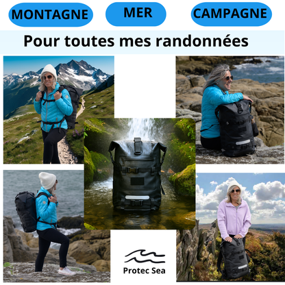 Sac à dos étanche IPX6 noir – Un seul sac réglable hauteur et largeur, modulable 20L à 40L – Cabine, randonnée, vélo, moto