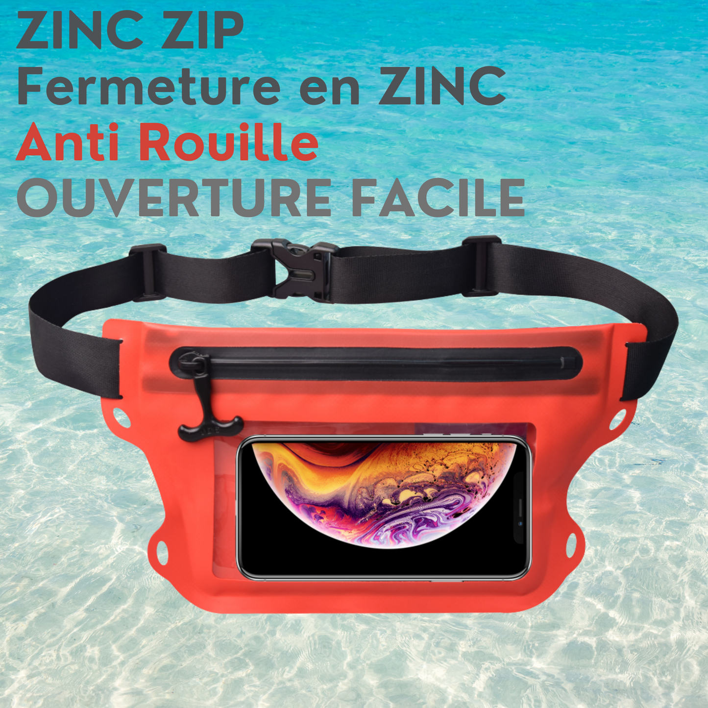🌊 Pochette étanche IPX6 tactile orange – Zip en ZINC anti-corrosion 🔒 Téléphone & essentiels protégés