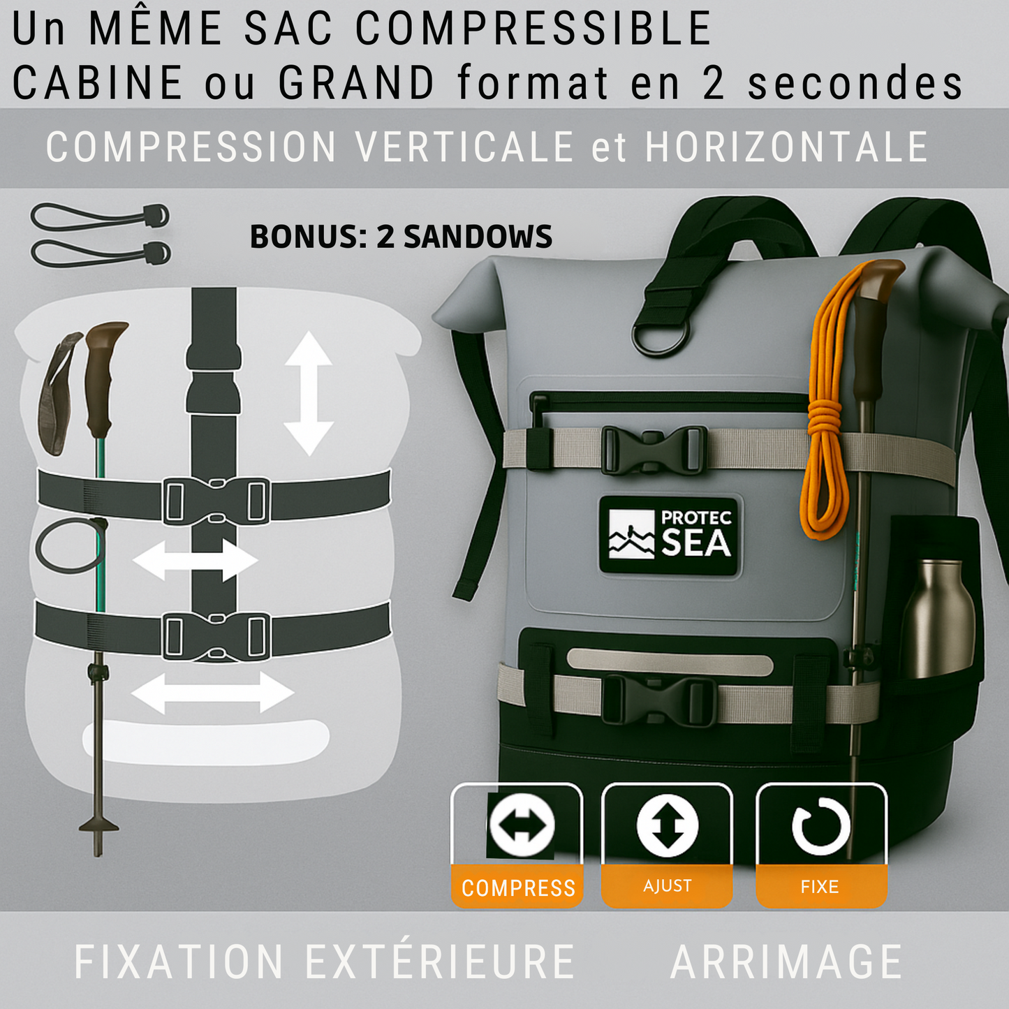 SAC à DOS OUTDOOR IPX6 ETANCHE GRIS - RANDONNEE /SPORT NAUTIQUE/ OUTDOOR