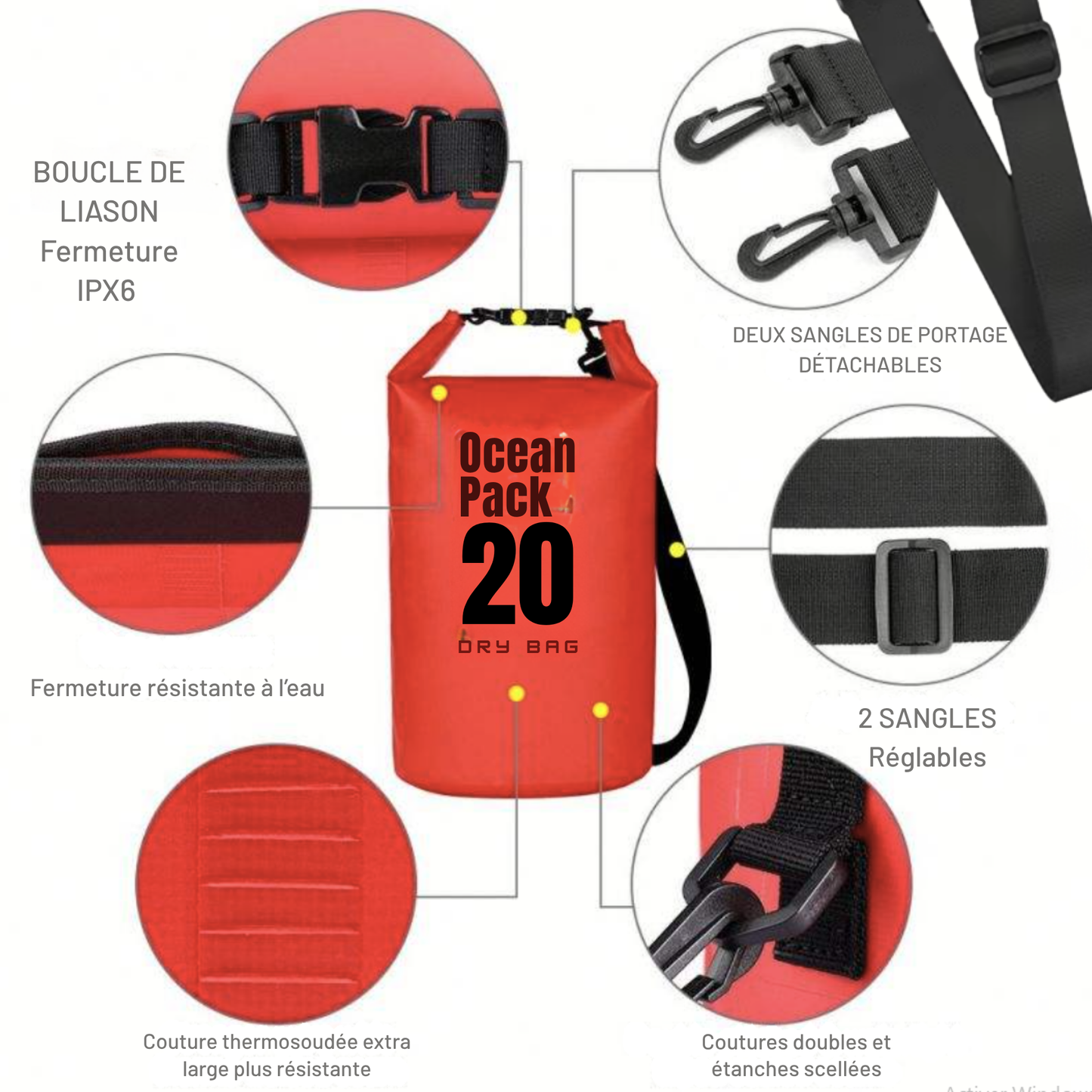 Sac étanche orange 20 L IPX6 –Sac Matelot / Grab Bag avec 2 sangles de portage