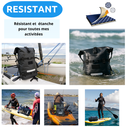 Sac à dos étanche IPX6 noir – Un seul sac réglable hauteur et largeur, modulable 20L à 40L – Cabine, randonnée, vélo, moto