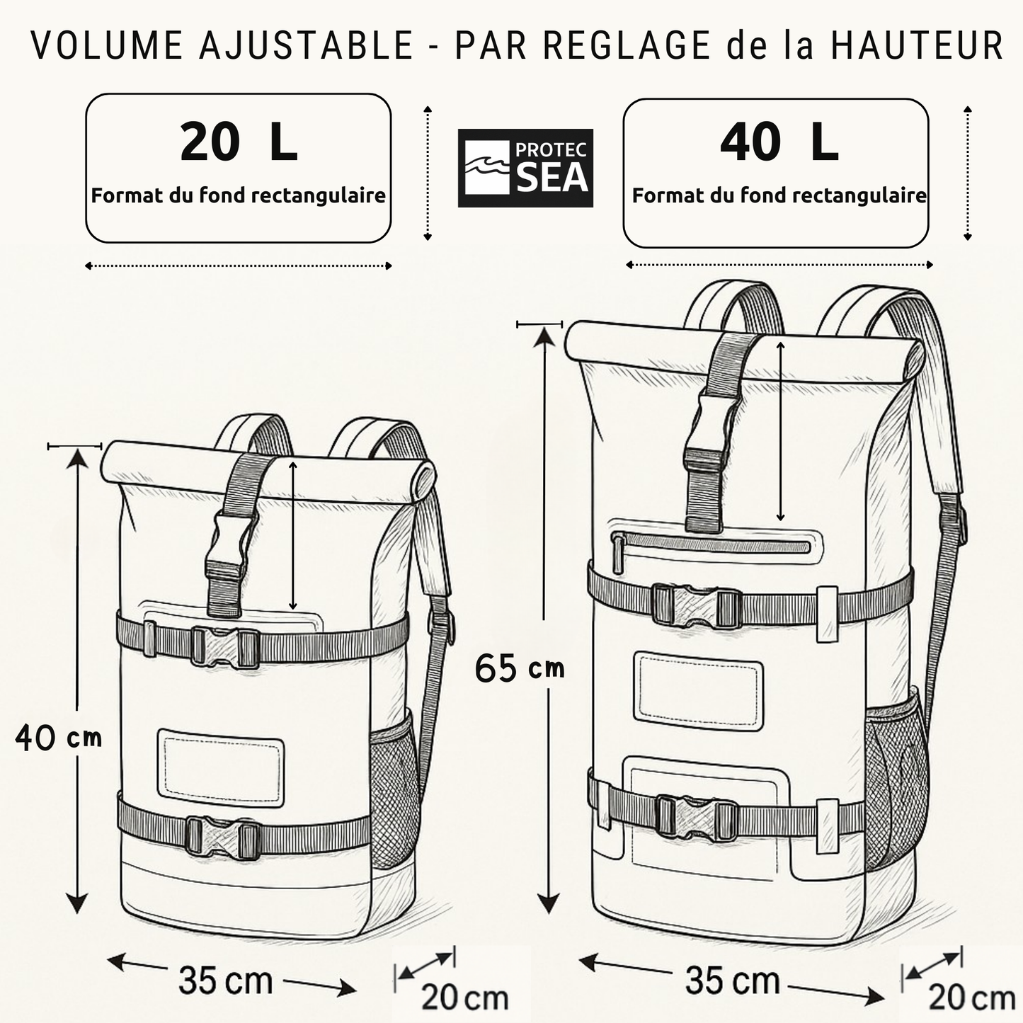 Sac à dos étanche Protec Sea – Gris, réglable 20 à 40 L – Rando, montagne, trek, camping