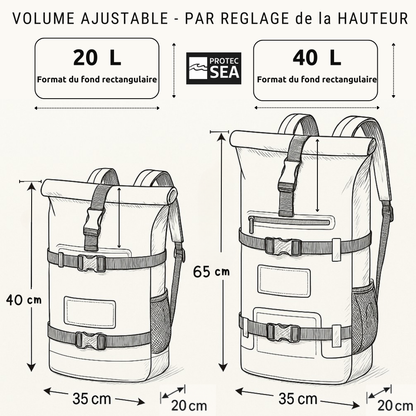 Sac à dos étanche Protec Sea – Gris, réglable 20 à 40 L – Rando, montagne, trek, camping